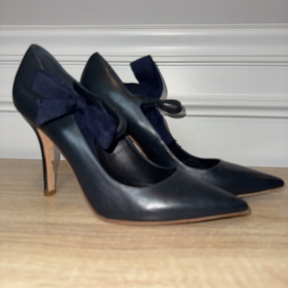 Tory Burch Beverly Heel Sz 10 Leather Navy Blue EUC‎ Bow Pump Stiletto Brazil - Picture 12 of 15